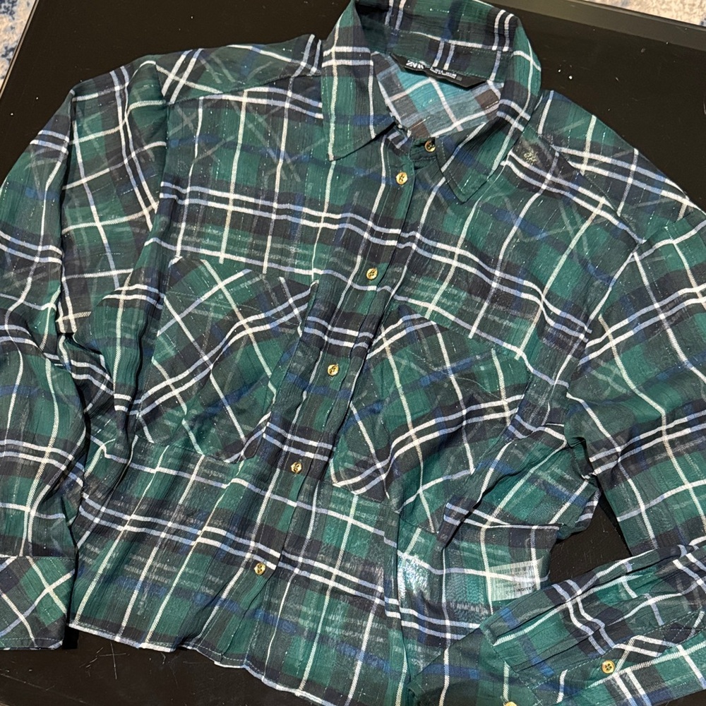 Zara Green and Blue Plaid Blouse